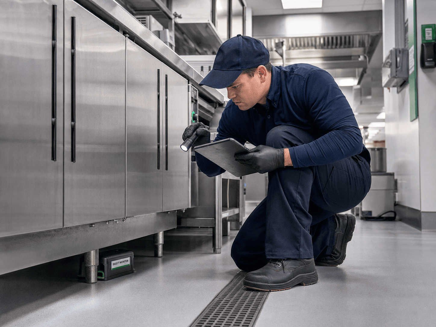 Commercial pest control technician checking an insect monitor in a restaurant kitchen