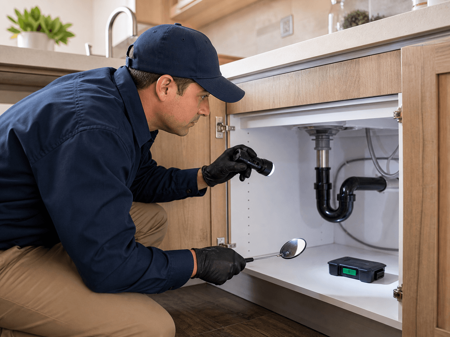 Pest control technician conducting a detailed interior inspection