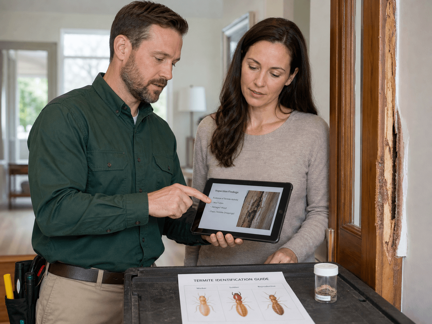 Pest control technician reviewing termite inspection findings with a homeowner