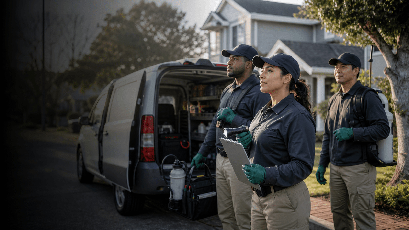 Pest control technicians preparing inspection equipment beside a service vehicle