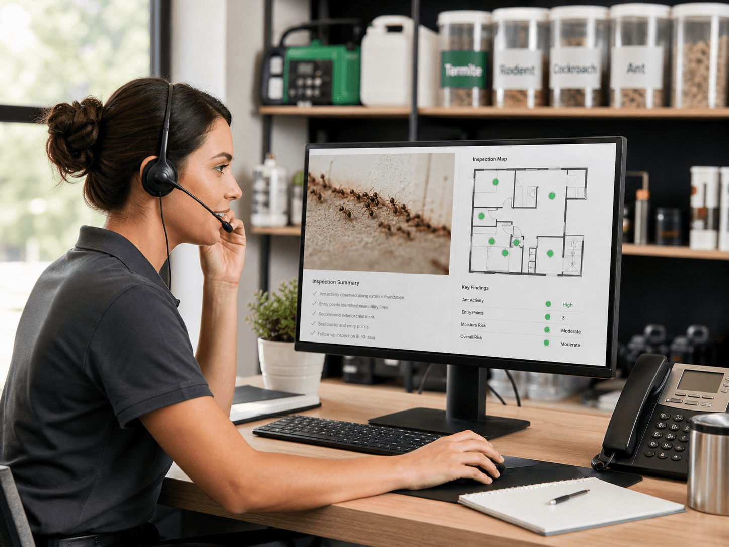 Pest control support specialist reviewing a digital pest inspection report