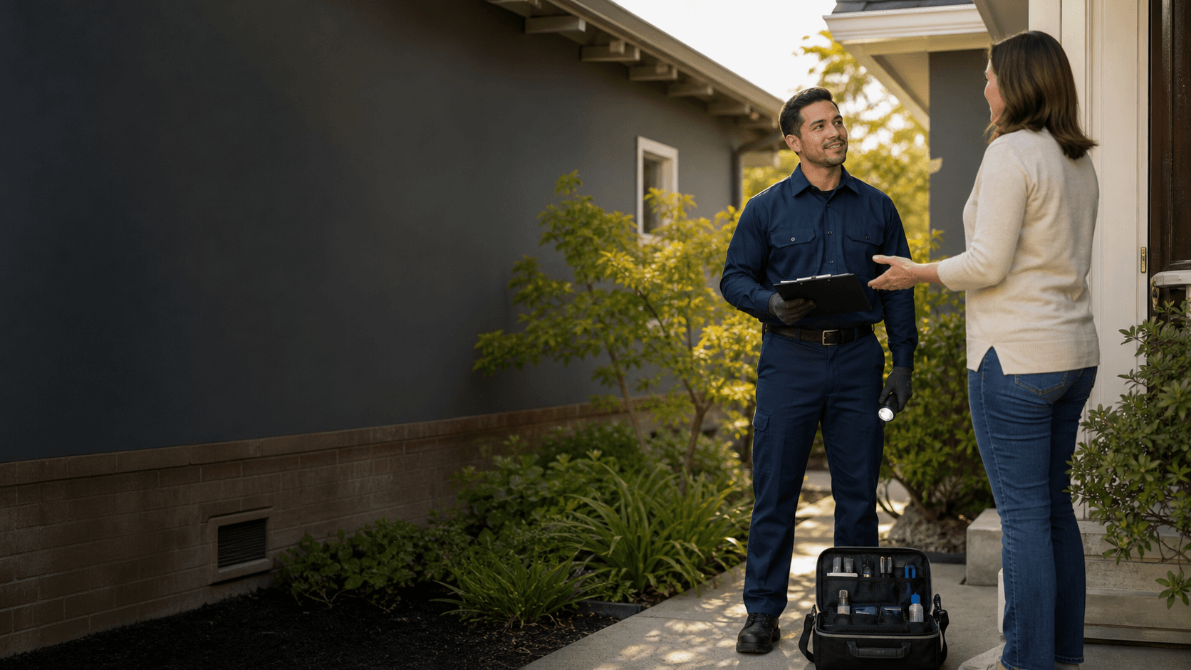 Pest control technician speaking with a homeowner during a porch consultation