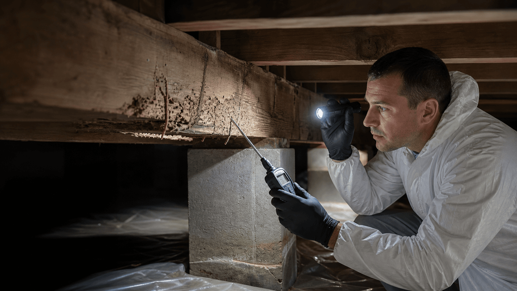 Termite inspector examining damaged wood and mud tubes in a residential crawlspace