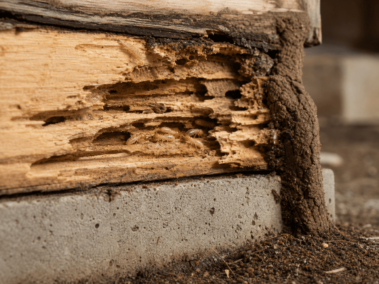 Close-up of subterranean termites and galleries in damaged structural wood