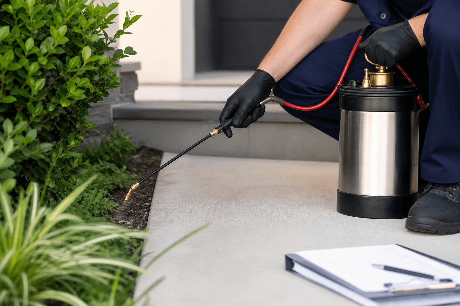 Targeted exterior pest control treatment near a home entryway